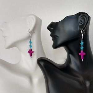 Hand Crafted Beaded Earrings with Purple Cross Stone Beads Aqua Lavender Beads